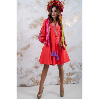 Embroidered Wrap Around Dress "Colouring" Coral